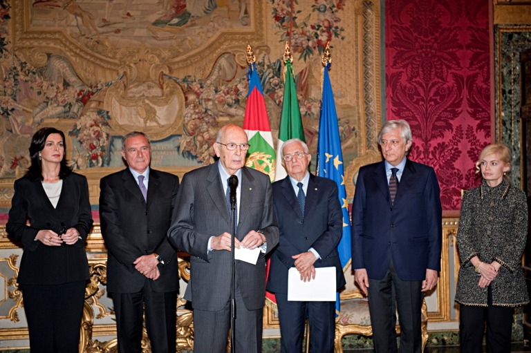 I Presidenti delle due Camere, Grasso e Boldrini, incontrano il rieletto Presidente della Repubblica, Giorgio Napolitano