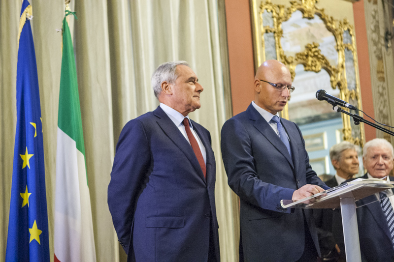 Il Presidente Grasso durante il discorso di Giorgio Amici, Presidente dell'Associazione Stampa Parlamentare