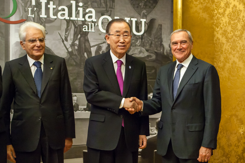 Il Presidente Grasso col Presidente della Repubblica salutano il Segretario Generale dell'ONU