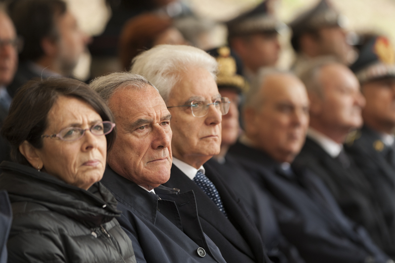 Il Presidente Grasso e il Presidente Mattarella ascoltano l'indirizzo di saluto di Rosina Stame, Presidente dell'ANFIM.
