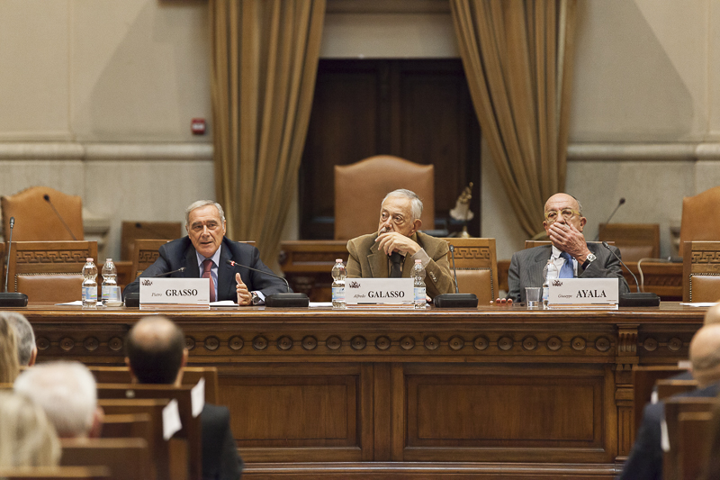 Intervento del Presidente Grasso. Nella foto Pietro Grasso, Alfredo Galasso e Giuseppe Ayala.