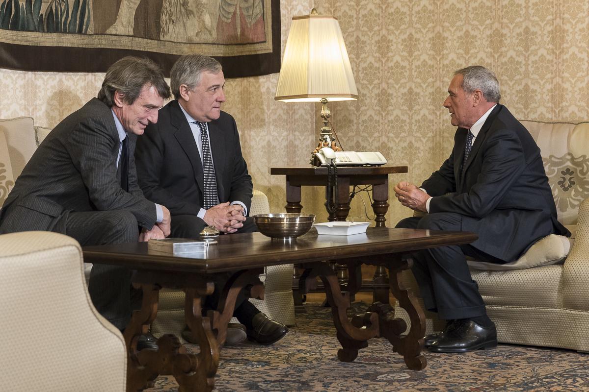 Colloquio tra il Presidente Grasso e il Presidente del Parlamento europeo, Antonio Tajani, e il Vice Presidente del Parlamento europeo, David Sassoli.