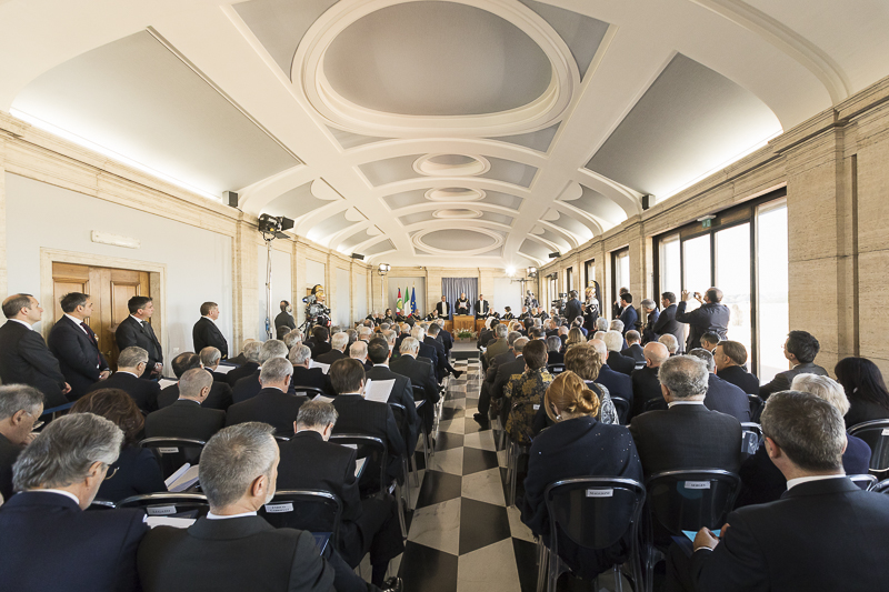 Il salone Belvedere del palazzo della Consulta durante l'intervento del Presidente della Corte Costituzionale, Paolo Grossi.